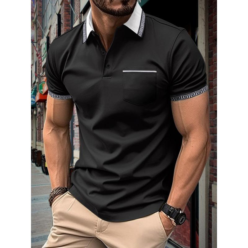 Man Summer Printed Collar Polos Shirt with Button Pocket for Men's Short Sleeve Sports Polo Shirts