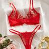 Europäisches & Amerikanisches Rotes Netz Besticktes Sexy Dessous-Set mit Durchsichtigem Blütenblatt-Höschen