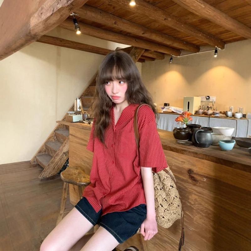 

Niche Design Striped Short-sleeved Shirt for Women Summer New Style Style Shirt Loose Casual Suit Collar Top S