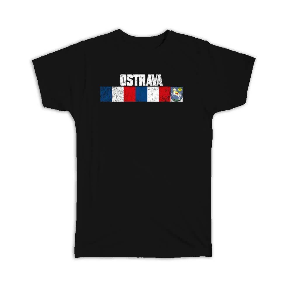 Gift T-Shirt : Ostrava Czech Republic Distressed Retro Expat Vintage Flag S