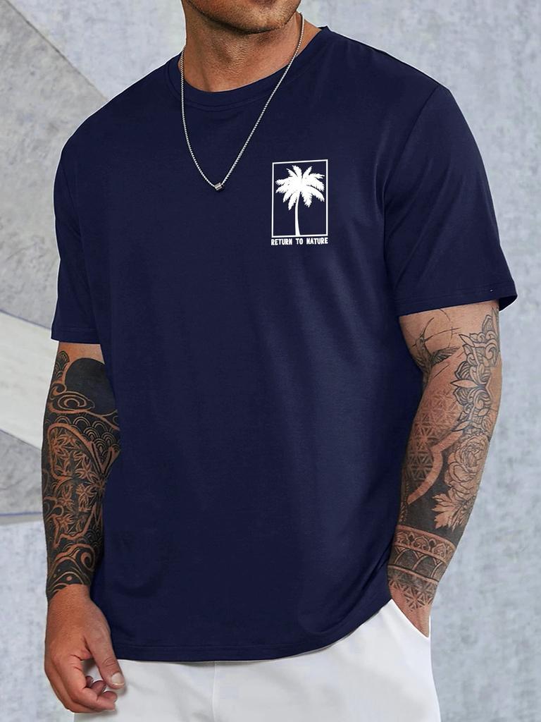 Unisex Summer Cotton Short Sleeve T Shirt Small Chest Palm Tree Return To Nature Square Print Crew Neck Casual Male Tee