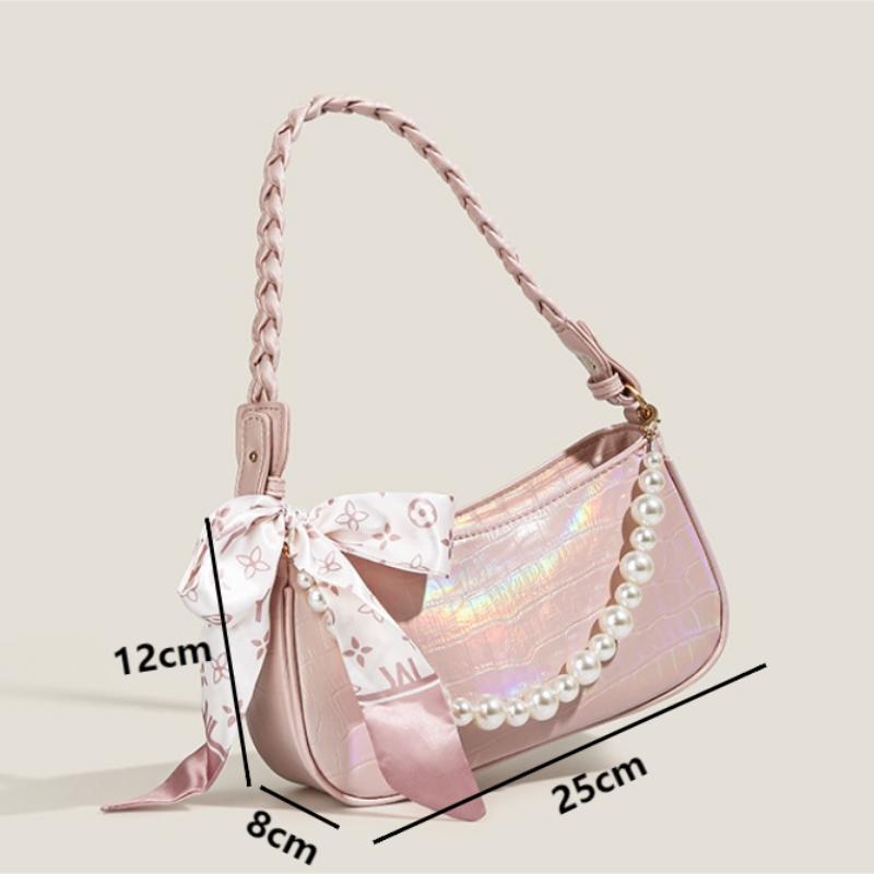 Ins Style Shining Ladies Shoulder Bag Pink White Color PU Leather Underarm Bag Fashion Women Crossbody Bags Pearl Chain Handbags