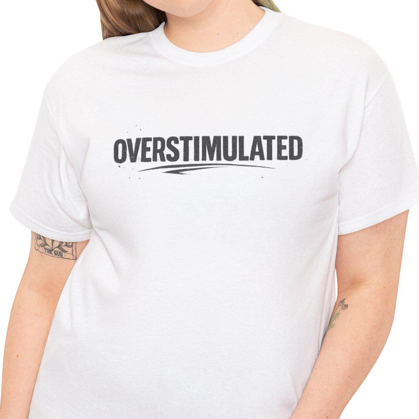 Overstimulated text T-Shirt | minimalist typography, white tee S