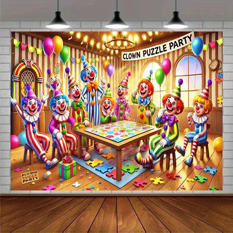 2D Flat Print Clown Puzzle Party Backdrop Colorful Circus Clowns Photography Background