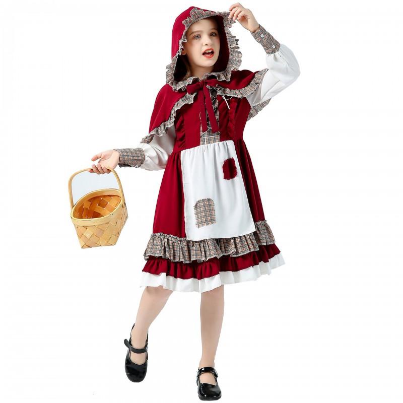Girls Halloween Costume Dress Cosplay Little Red Riding Hood Princess Outfit Sweet Style Stage Performance