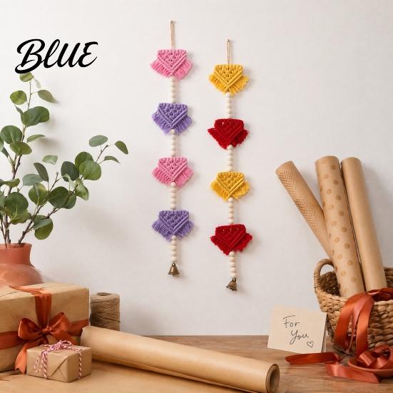 Layered Color Tapestry Knotted Rope Wall Hanging with Bell Braided Triangles Geometric Tapestry Wooden Beads