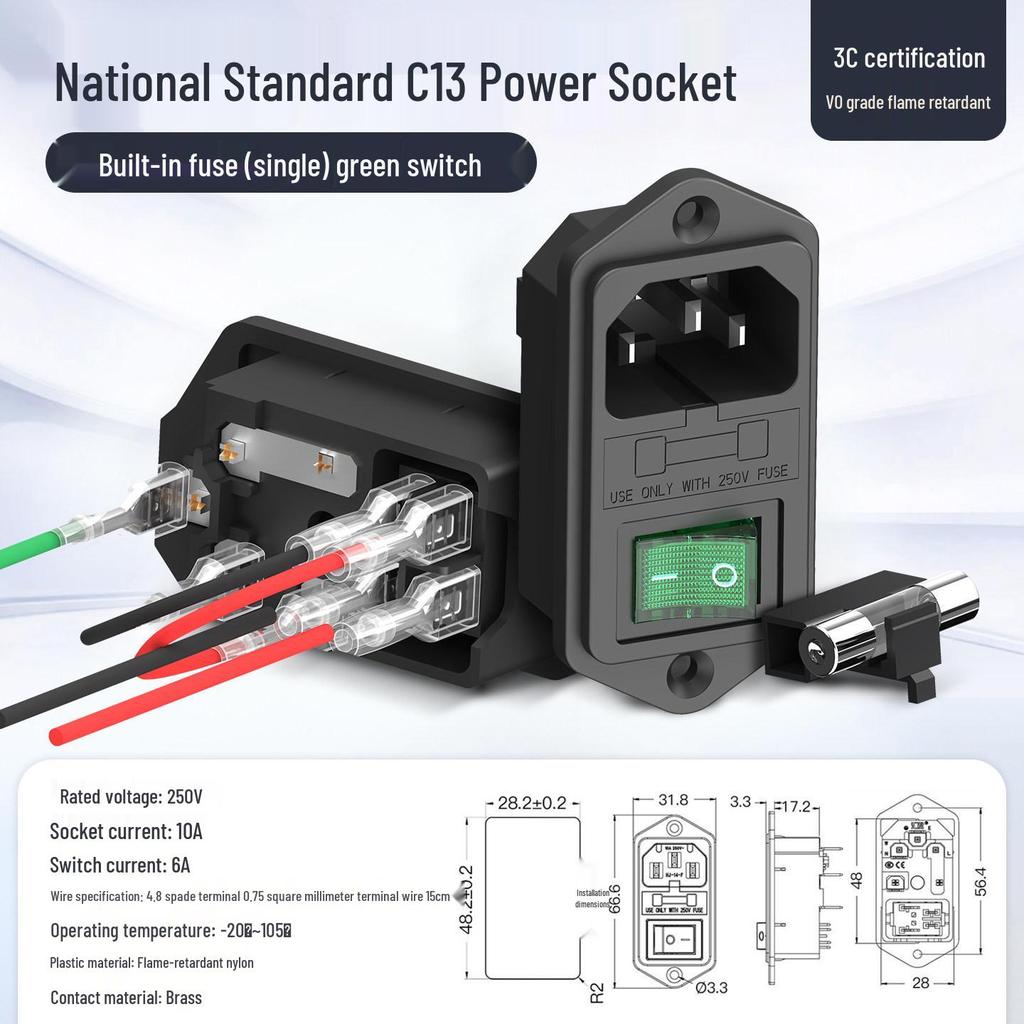 3-in-1 Type C Power Socket with Fuse, Switch, and 3-Pin Convex Surface, 10A/250V