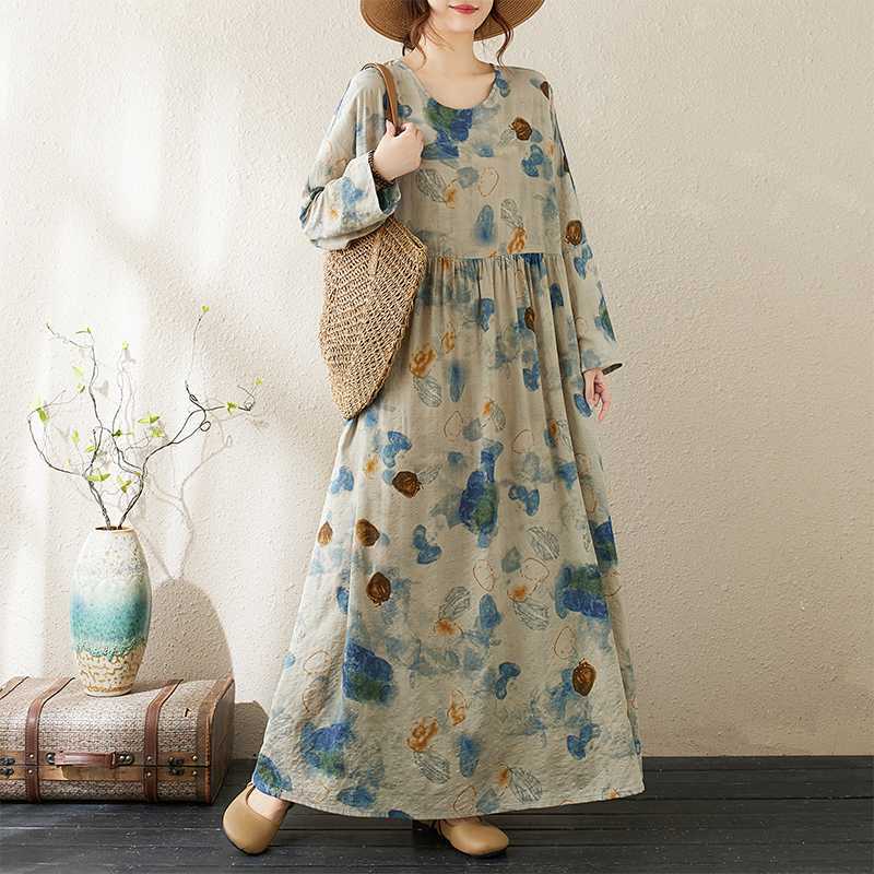 

Новые платья с круглым вырезом, длинными рукавами, свободного кроя, в литературном стиле для отпуска, больших размеров One Size