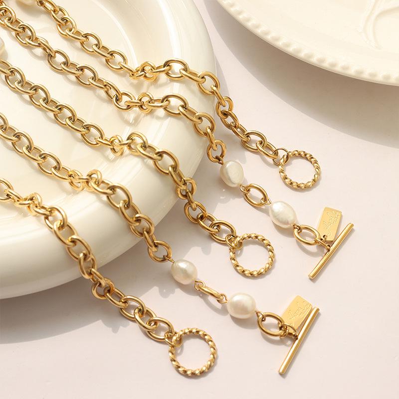 European & American OT Buckle Geometric Square Plate Freshwater Pearl Gold Christmas Bracelet for Women, Titanium Steel Jewelry