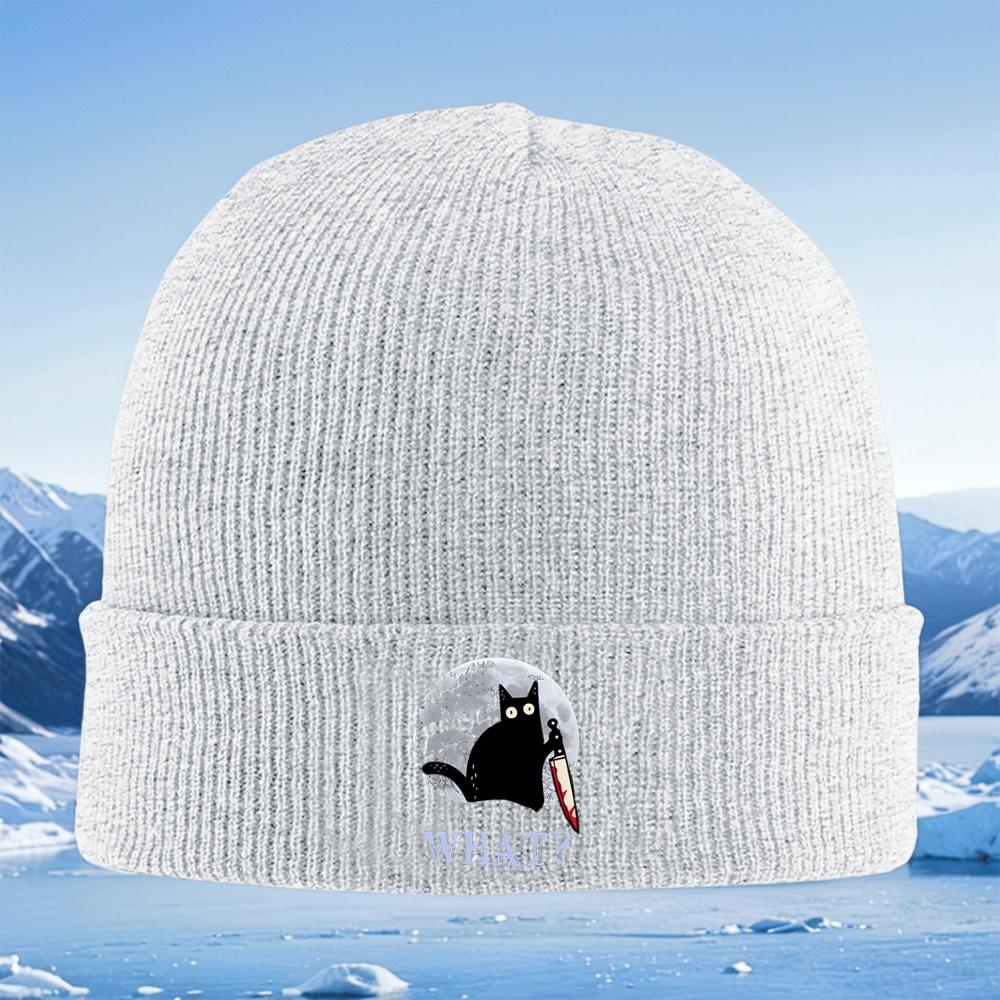 Black cat with a bloody knife What Men Women Unisex Knitted Hat Beanie Pullover Cap Winter Thermal Warm Christmas Outdoor Cycli