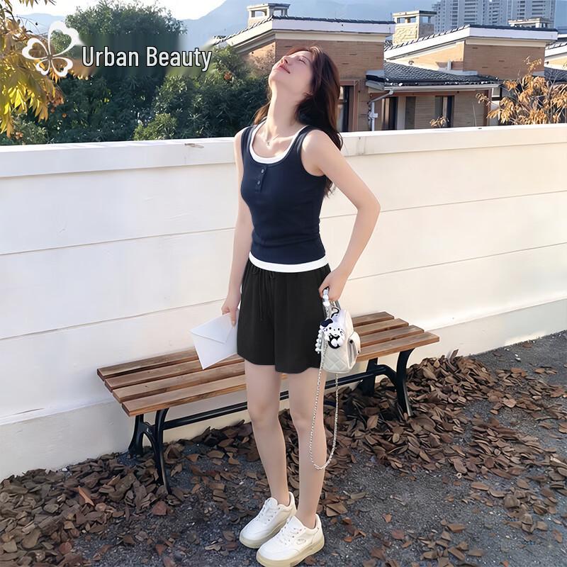 Women s Faux Two-Piece Vest & Shorts Sport Set L