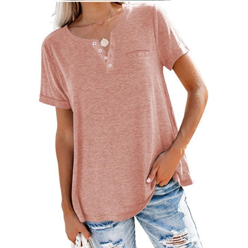 Spring Summer Style Jacket V-neck Short Sleeve Pocket Loose T-shirt Woman