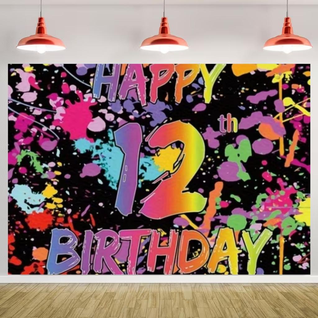 Happy 12th Birthday Banner Black Gold Balloon Background Party Decoration Boys Girls Birthday  Photography Backdrop Kids Gifts