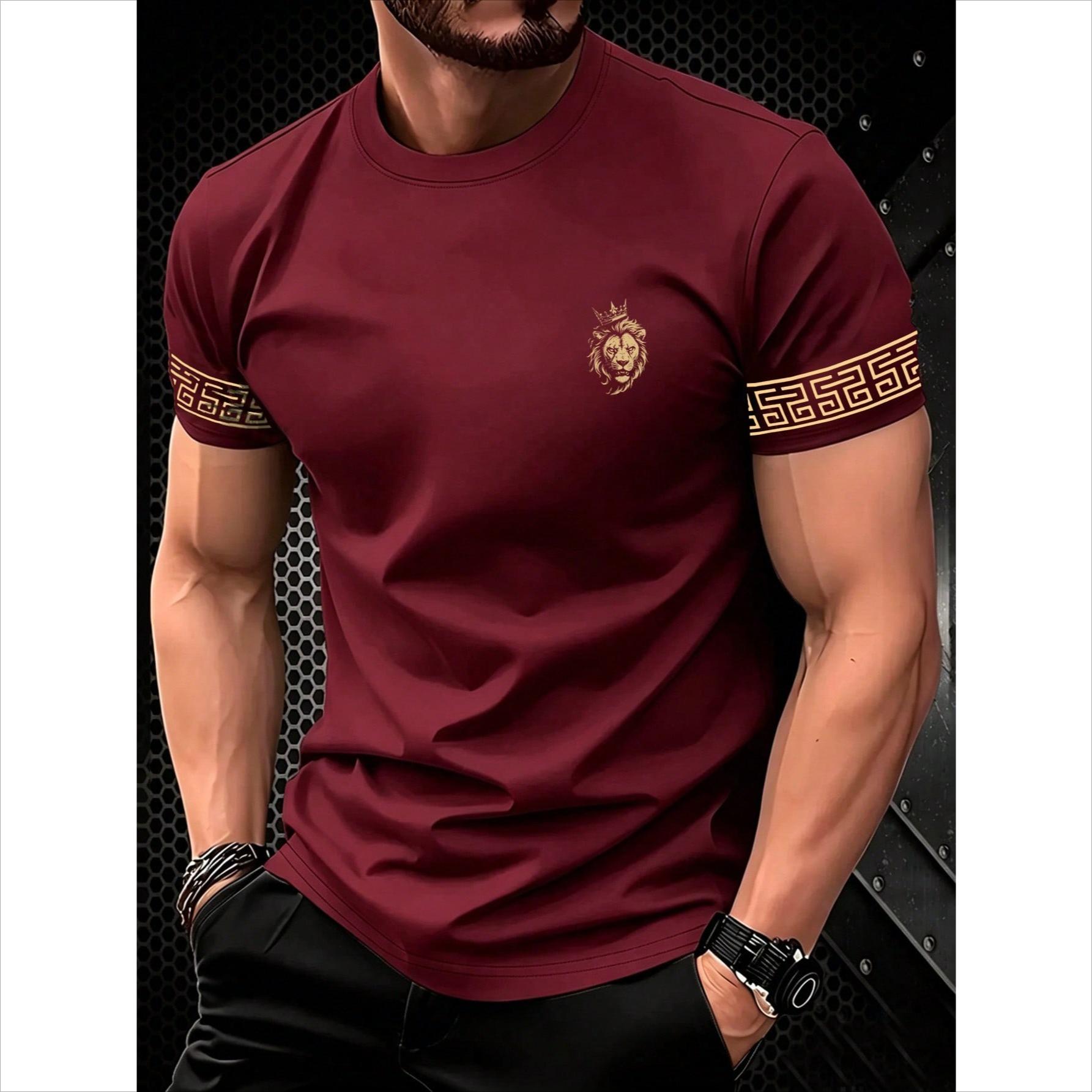 Men s Classic Fashionable Casual Burgundy Red Round Neck T-Shirt with Lion and Crown Pattern, Round Neck Short Sleeve T-Shirt S