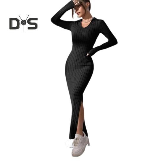 Women Spring Fall Dress V Neck Slit Hem Thread Slim Fit Long Sleeves Ankle Length Knitted Elastic Maxi Dress Shopping Dating Party Dress