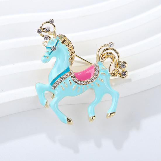 Brooch Zinc Alloy Enamel Pin Carousel Horse Pin with Rhinestones Encrusted Saddle Mane Coat Bag Hat Scarf Accessory