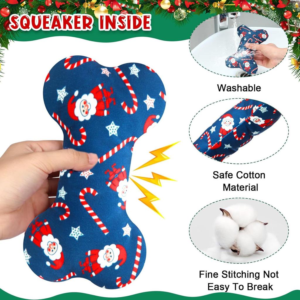 6 Pack Christmas Dog Squeaky Bone Toys Plush Interactive Dog Pets Birthday Bone Shape Stuffed Chew Toys for Puppy Small Medium Large Squeak Toss Play