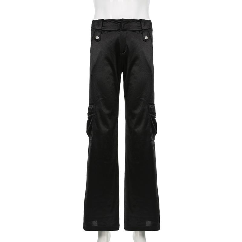Pantalones acampanados de satén de tiro bajo casuales hipster de diseñador para mujer con múltiples bolsillos