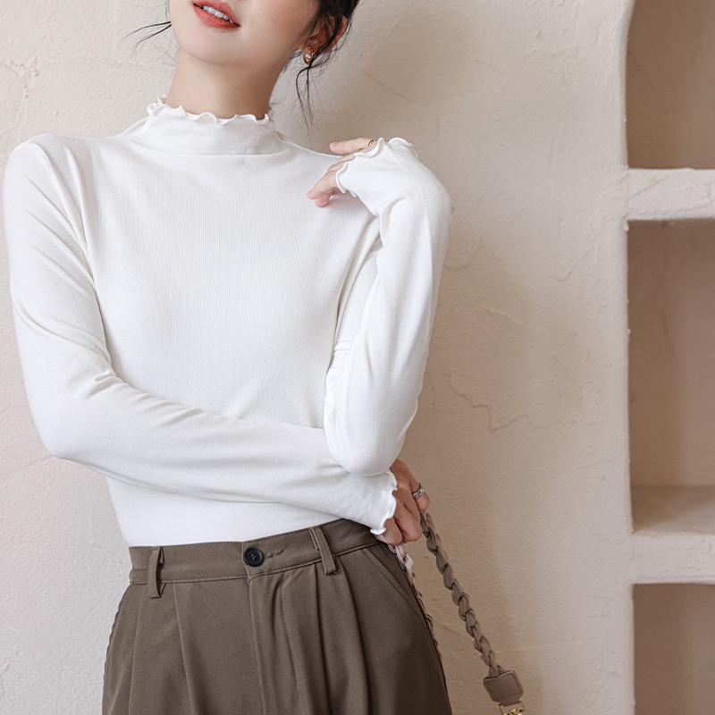 Tricou de bază cu guler înalt pe jumătate cu bordură ondulată Femei Primăvară Toamnă Modal Slim Fit Mânecă Lungă Tricou Dama Topuri Casual Elegante Femeie Tricouri Albe 25424