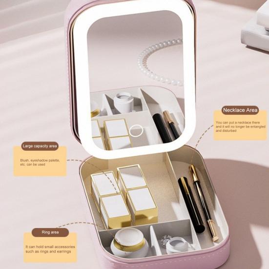 Reisesminkepose med LED-speil USB-oppladbart 3 farger Justerbart opplyst sminkespeil Bærbar reise Mini-speil Kosmetikkveske Smykker