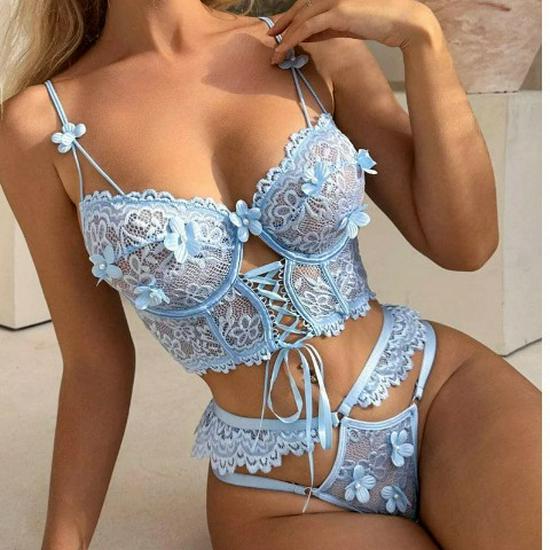 European & American Strappy Underwire Lace Bra & Beaded 3D Flower Lingerie Set