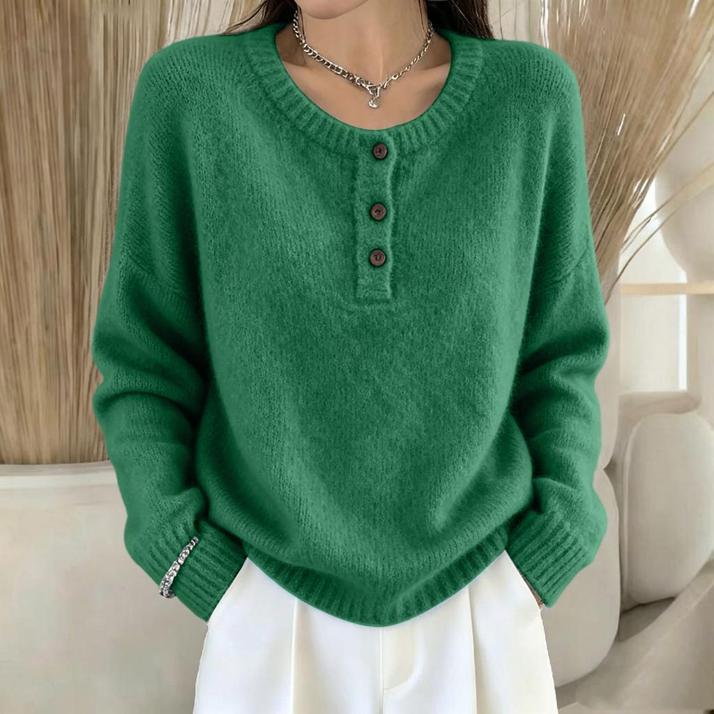 Women's Color Button Front Long Sleeve Round Neck Casual Sweater Top