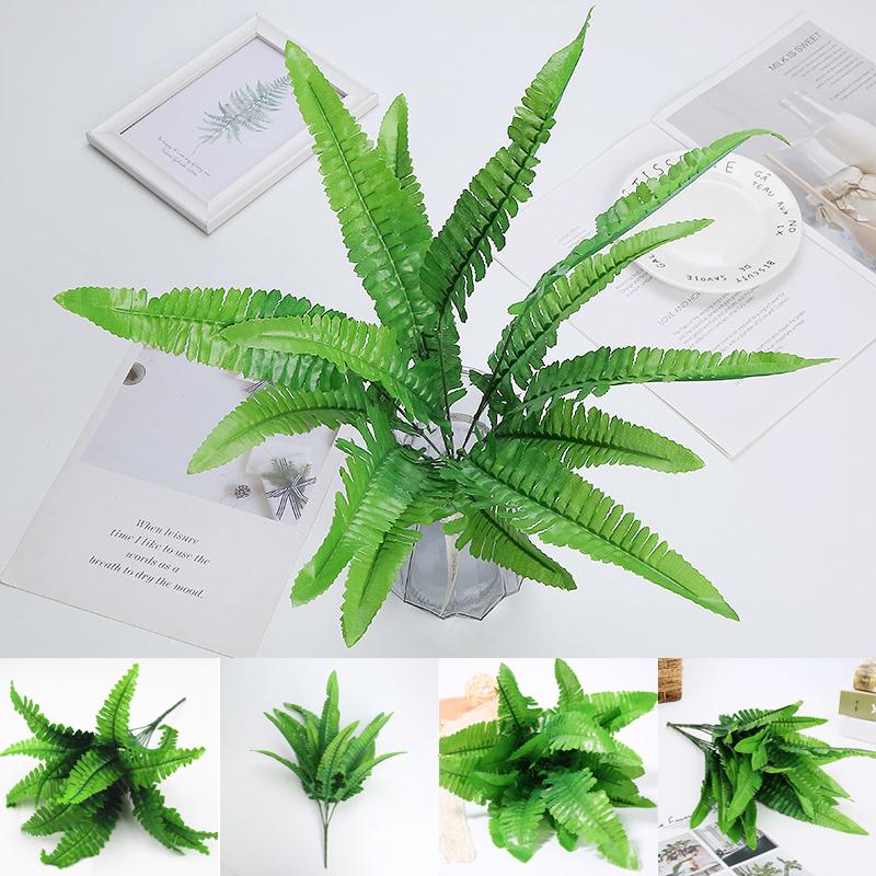 Persian Grass Fake Artificial Large Leaves Plant 7 Branches Green Decor Home