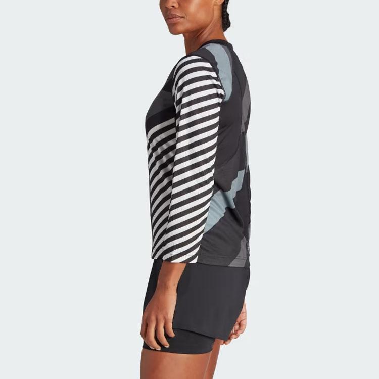 Adidas Tennis Heat.Rdy Pro 3/4 Sleeve Long Sleeve Top Striped Color Block Round Neck T-Shirt Women Tops Black IL9592