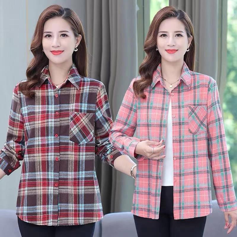 Women's Plaid Button Down Shirt Loose Fit Turn-down Collar Long Sleeve Brushed Casual Check Top For Middle-aged Ladies Spring Daily Wear