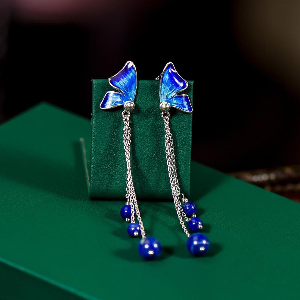 Echte Sterling Silber Emaille Kunst Vintage Stil Schmetterling Ohrringe mit blauen Lapis Lazuli Edelstein Quasten Ohrstecker handgefertigt