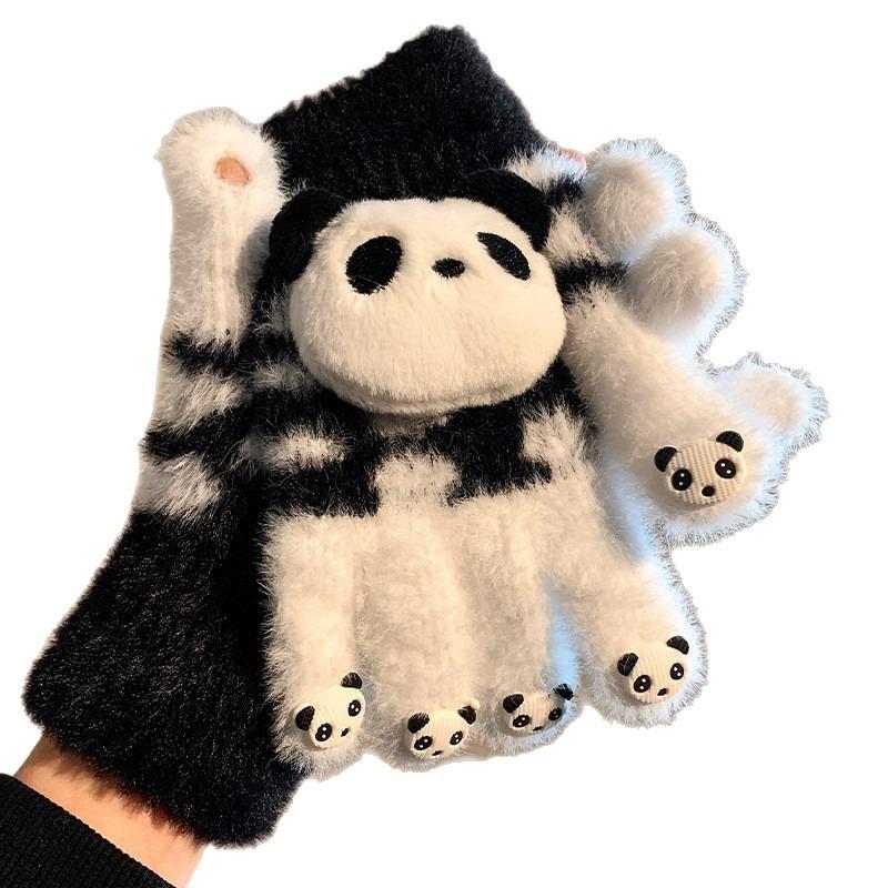 Cute red panda plush knitted five-finger gloves for women in winter, students can ride electric vehicles to keep warm and thicker