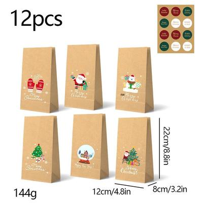 Kraft Paper Christmas Gift Bags with Merry Christmas Design and Stickers for Candy and Baked Goods