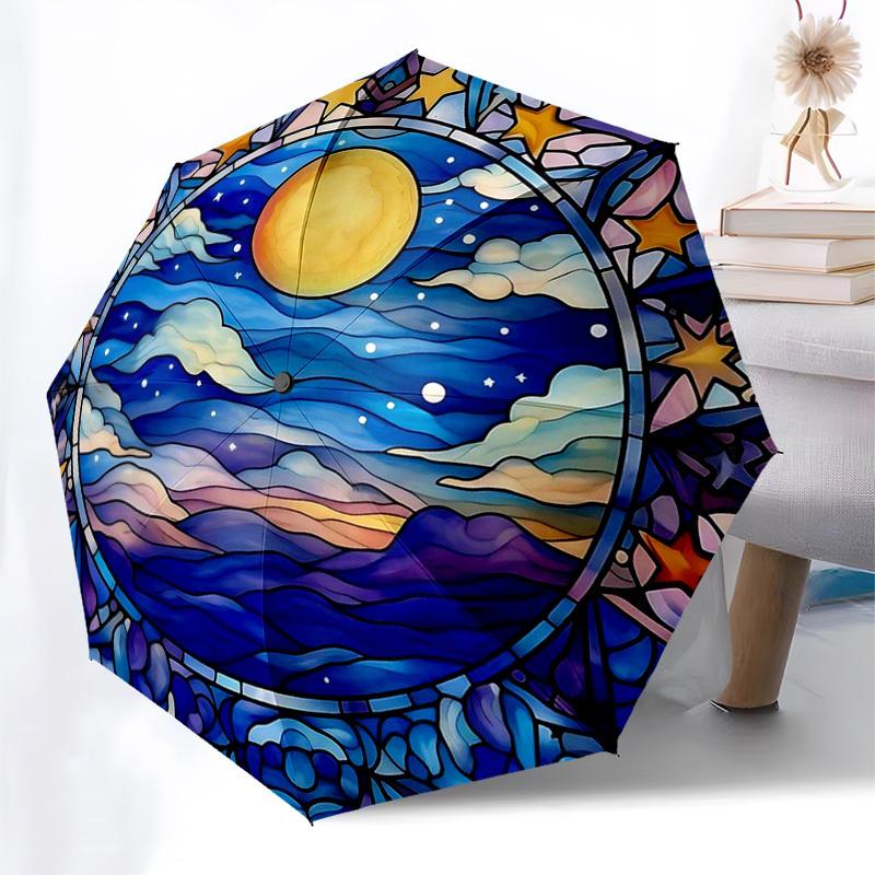 

1pc Stained Glass Night Sky Auto-Folding Umbrella - Portable 3-Fold Design with Iron Frame, Perfect for Outdoor Use, Festive Gifts, Travel, Daily Use,