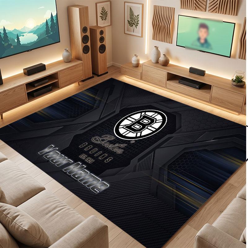 Boston Bruins Personalized Crystal Velvet Carpet, Customized Name Text Soft Anti‑Slip Rug for Living Room Bedroom