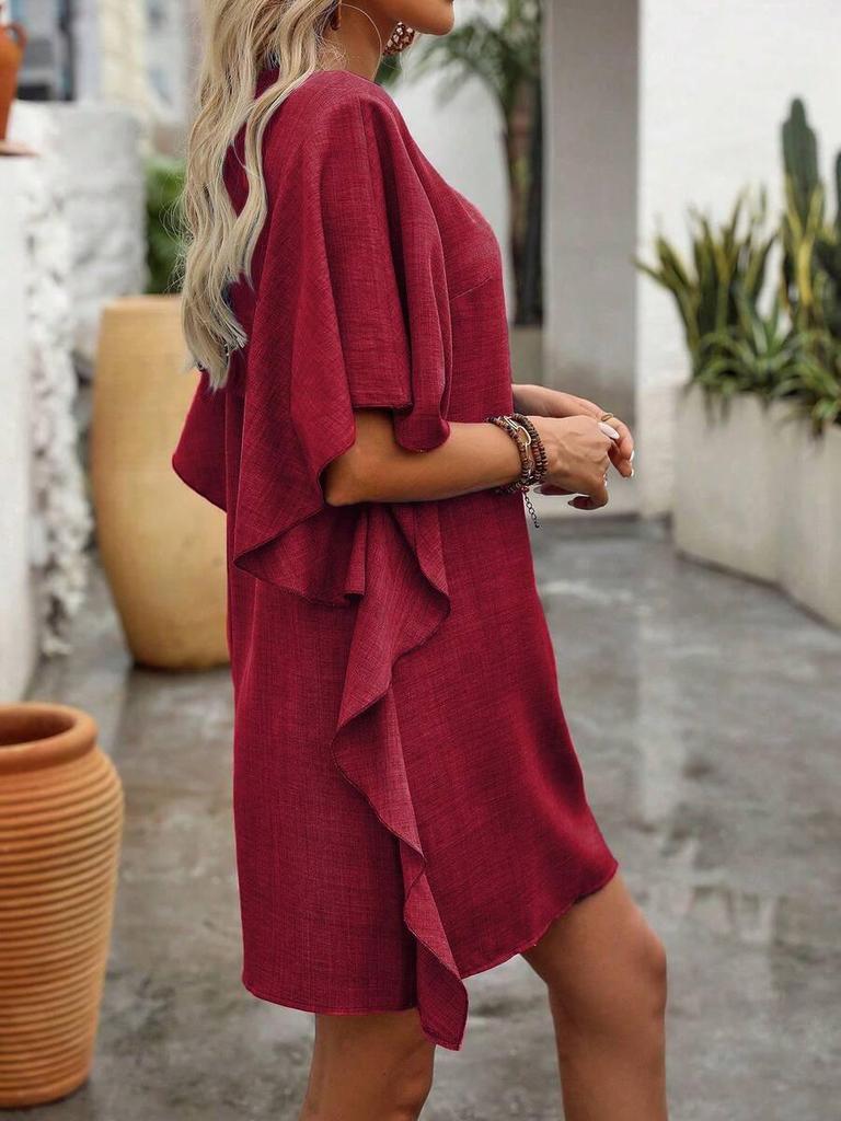2026 Summer Women's Solid Color Loose Ruffle V-neck Dress - European & American Style