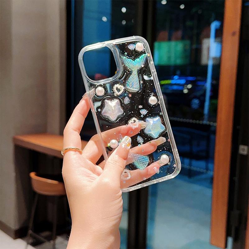 Dropped Mermaid Star Pearl Phone Case for Apple 16 Promax Transparent Sparkling Powder for IPhone 17 Soft Case