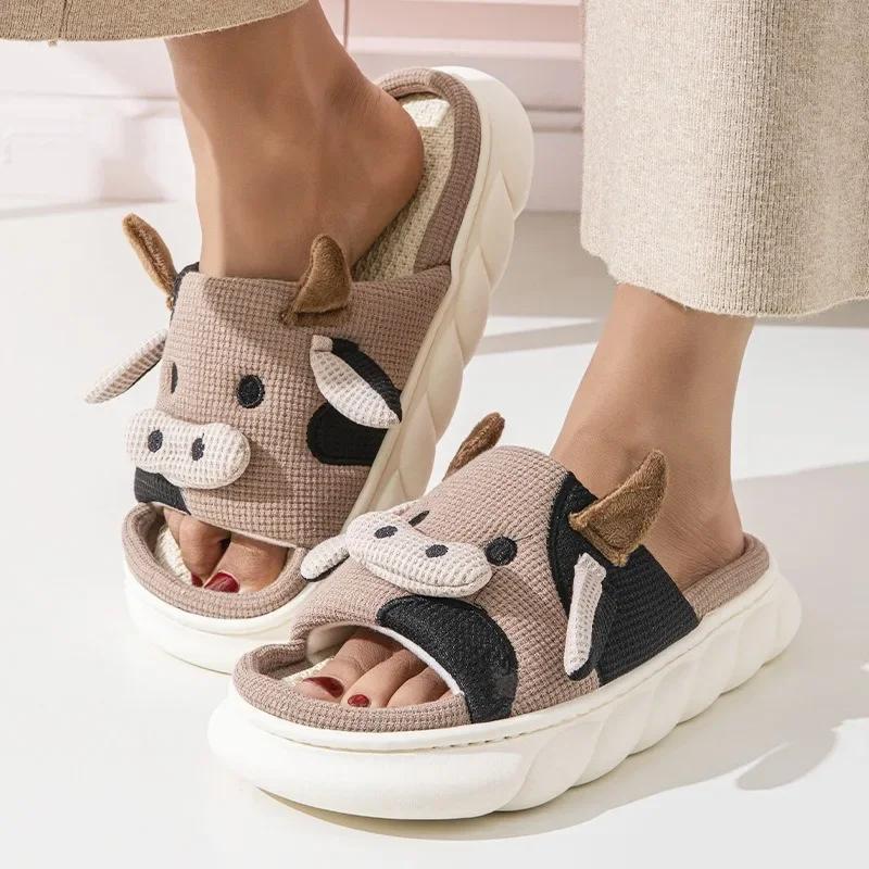 Fashion Women Cute Cartoon Cow Linen Slippers Spring Anti-slip Slides Couples Home Non-slip Flip Flops Casual Slip on Platform Slippers