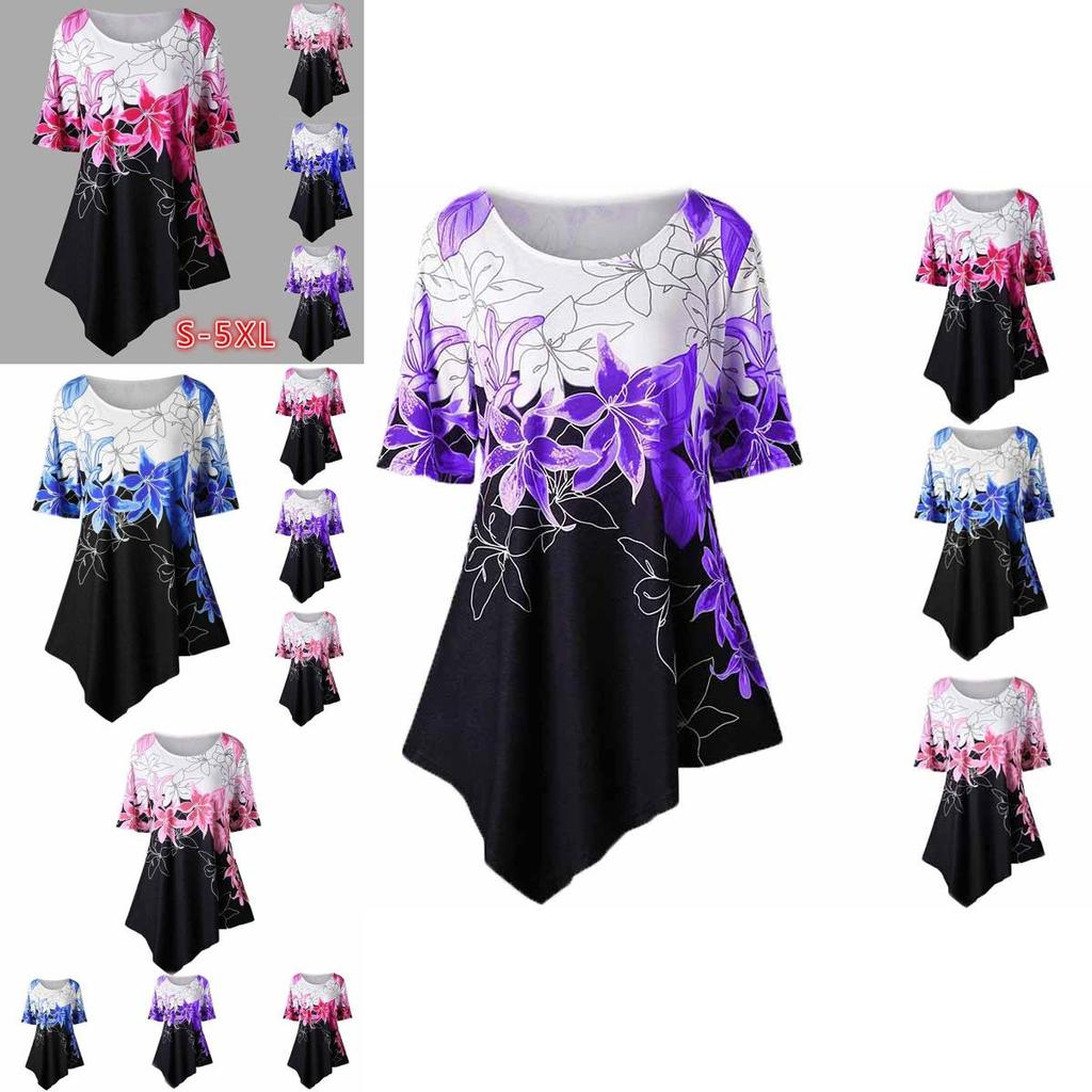 Fashionable Women Ladies Asymmetric Hem Floral Print T-shirt Tunic Tops For All Sizes