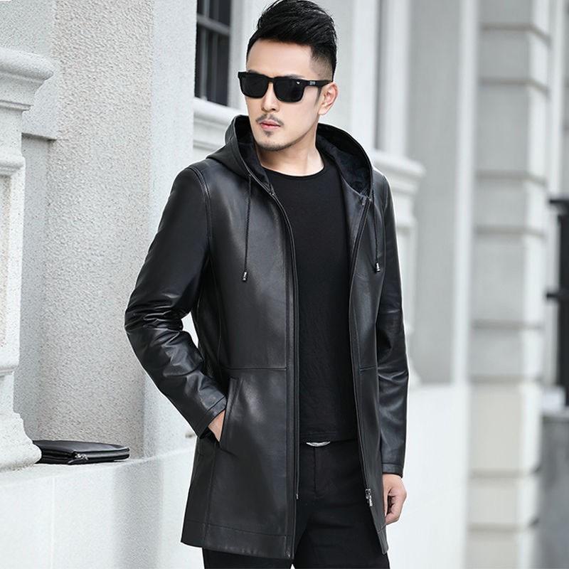 Spring New Leather Jacket for Men, Medium-length Hooded Windbreaker, Korean Style Trendy and Handsome Motorcycle Leather Jacket