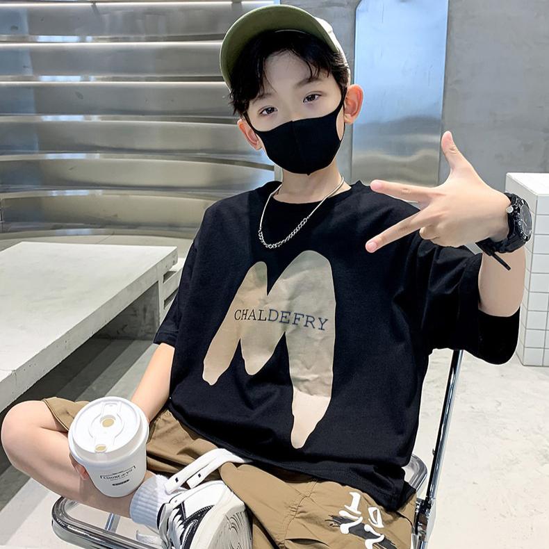 Boys' Short Sleeved T-shirt Children's T-shirt Loose Letter Round Neck Top Summer Children's Clothing