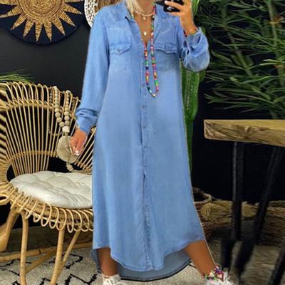 Turn-Down Collar Long Sleeves Women Dress Two Pockets Solid Color Single Breasted Denim Maxi Dress Ladies Clothing