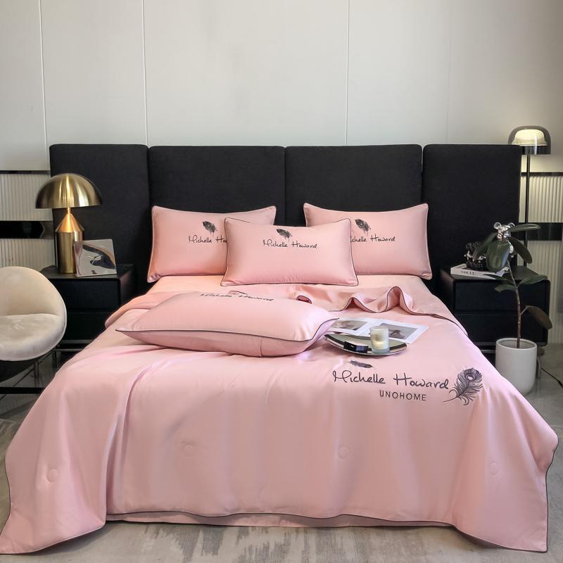 New Summer Cool Quilt Washable Ice Silk Feather Embroidery 4 Piece Bedding Set Queen Size