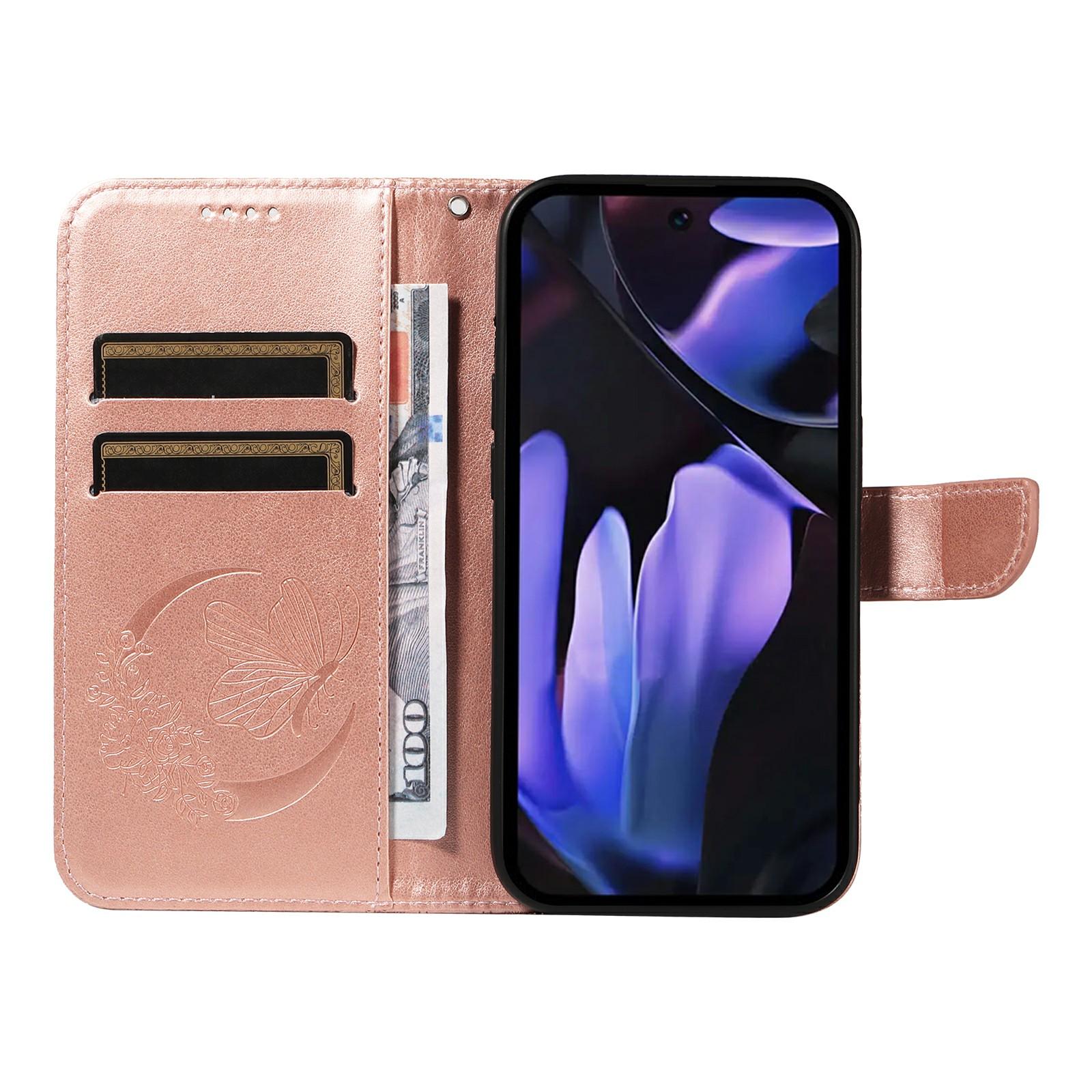 

For Google Pixel 9a Case Butterfly Pattern Leather Wallet Flip Phone Cover Rose Gold