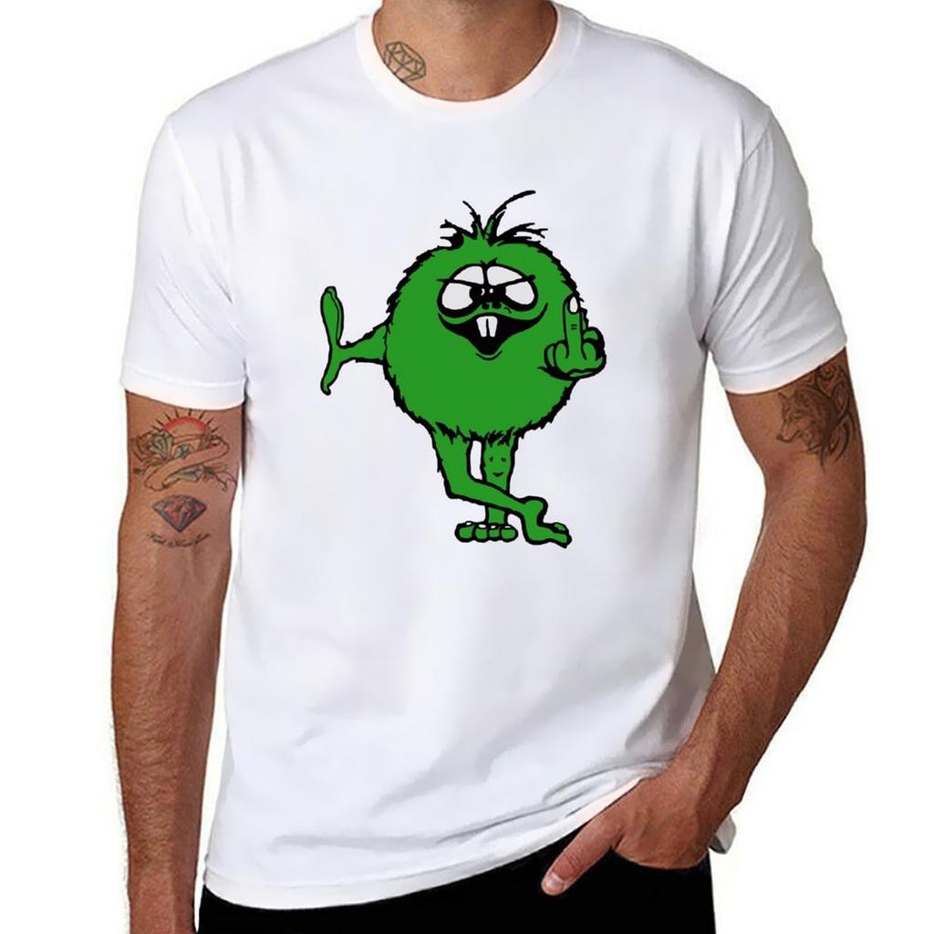 Green Guy flips bird  70s retro TShirt Soft Basic Cotton Short Sleeve Tee