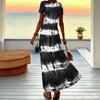 Women Plus Size V Neck Short Sleeve Maxi Dress Black White Tie Dye Stripe Print Loose Long Dress