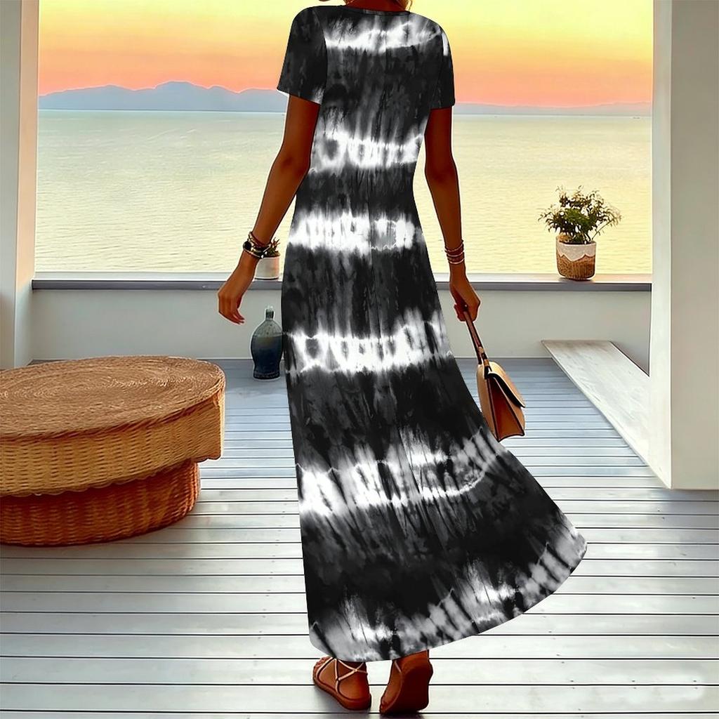 Women Plus Size V Neck Short Sleeve Maxi Dress Black White Tie Dye Stripe Print Loose Long Dress