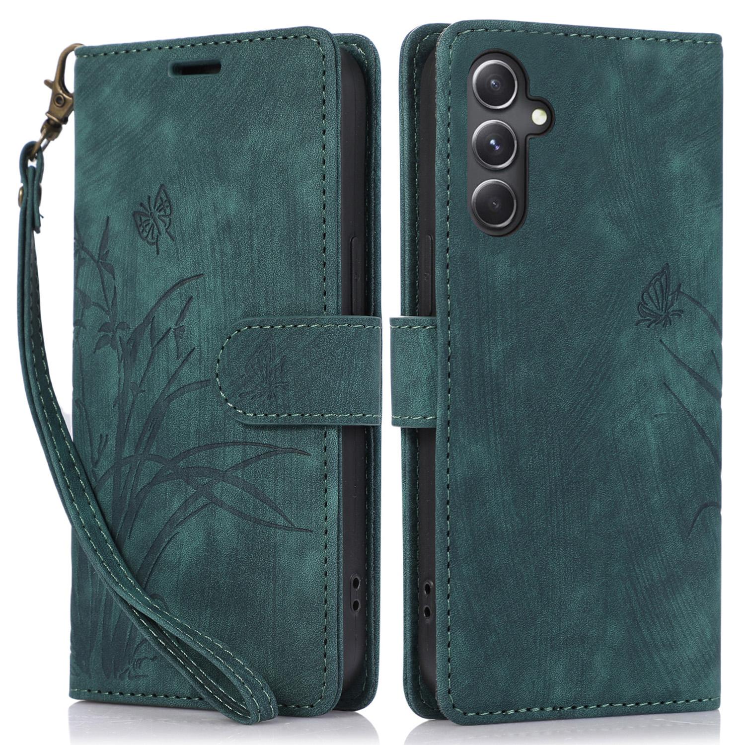 

For Samsung Galaxy A25 5G (Global) (161.0 x 76.5 x 8.3mm) Magnetic Phone Case Orchid Butterfly Pattern Card Slots Wallet Cover Green