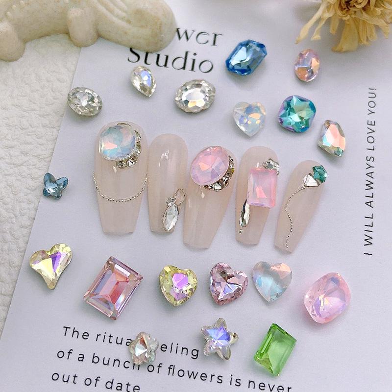30-Piece Nail Art Crystal Rhinestones Set: Shiny Butterfly, Square, Asymmetrical Peach Heart Shapes