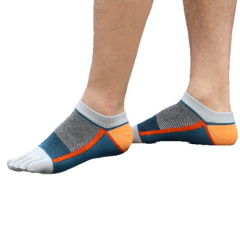 Men's Thin All-Cotton Five-Toe Low-Cut Crew Socks: Sweat-Wicking, Anti-Odor, Anti-Friction, Color-Blocking Design
