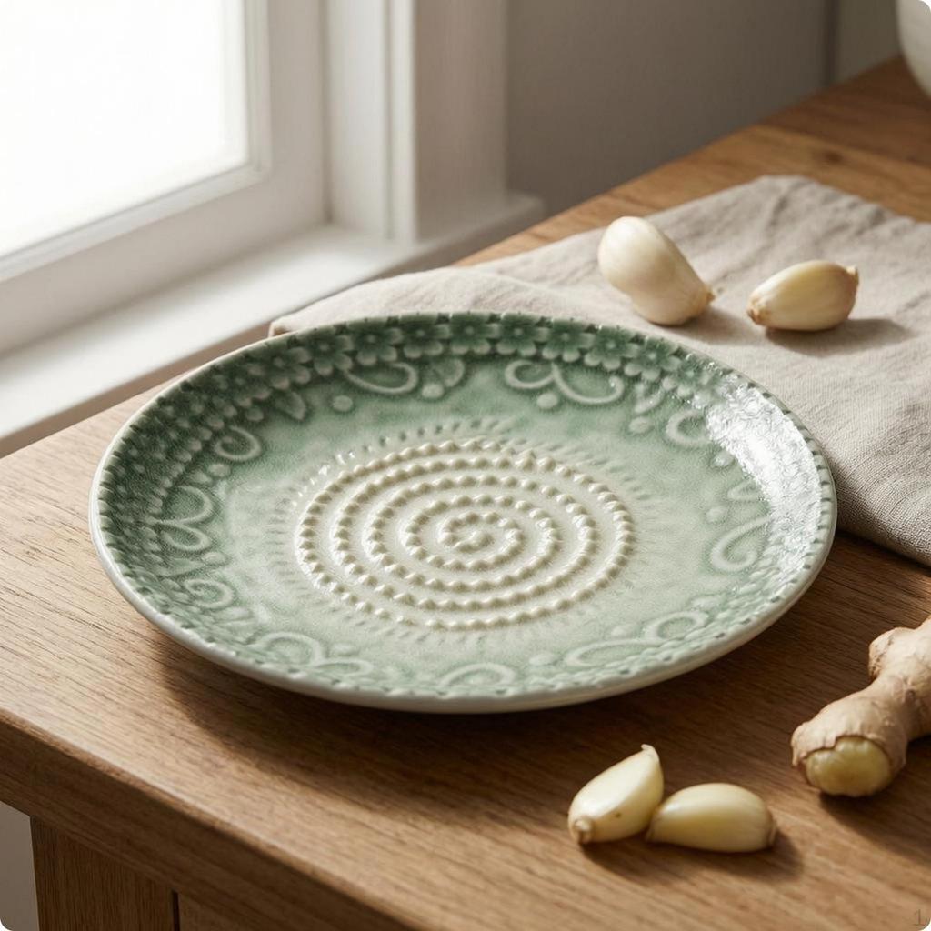 Piatto Grattugia per Aglio in Ceramica Grattugia Smaltata Beccuccio per Versare Piatto per Zenzero Verde
